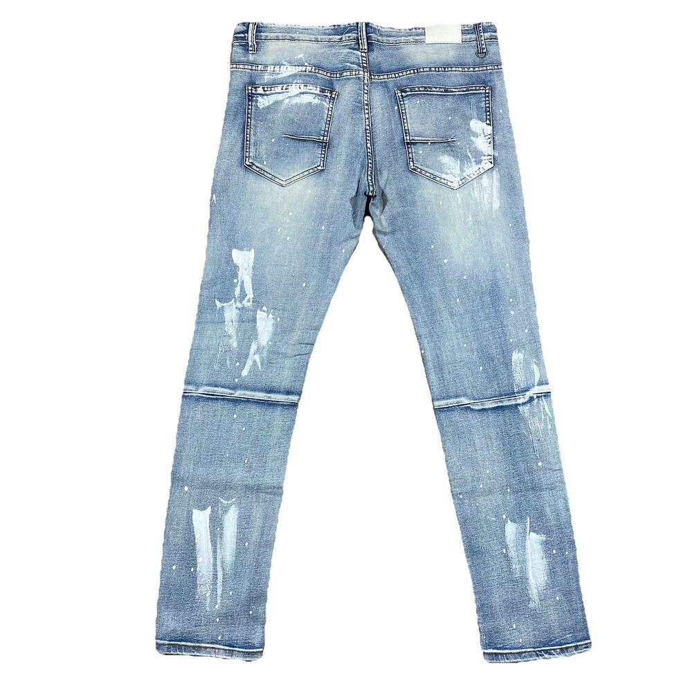 KDNK Distressed Paint Splatter Skinny Jeans Men’s 36x32 Light Wash Ripped